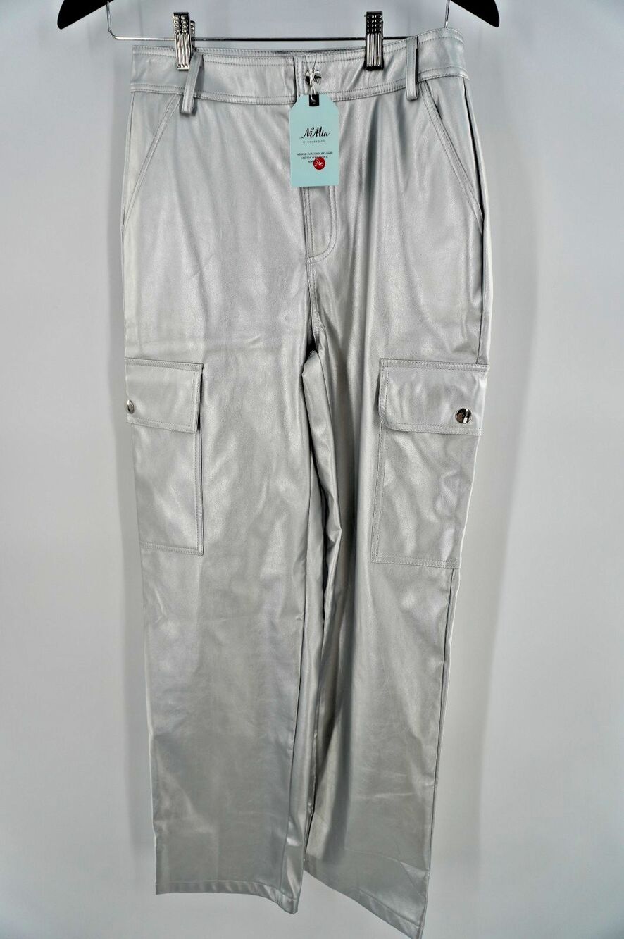 NiMin Silver Faux Leather Cargo Pants High Waisted Straight Leg Metallic NWT SzS